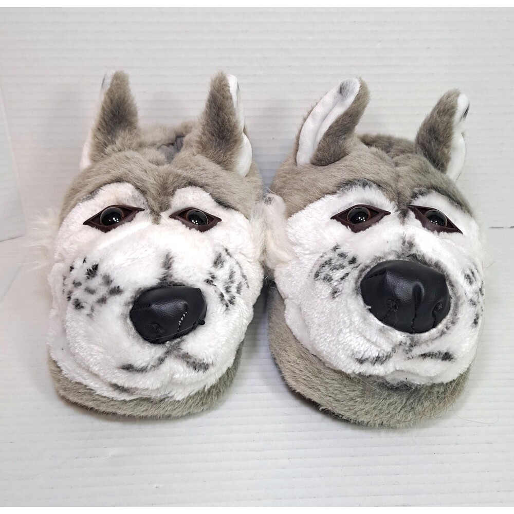Happy Feet Plush Animal Slippers Gray Wolf Huskie Dog Sleeping Sleep Small Size